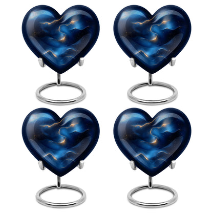 Sapphire Blue Blue Cremation Urn angled view of lid and engraved motif - compassionate heart-blue combination with gentle curves - 10 inch aluminum urn for cremated remains