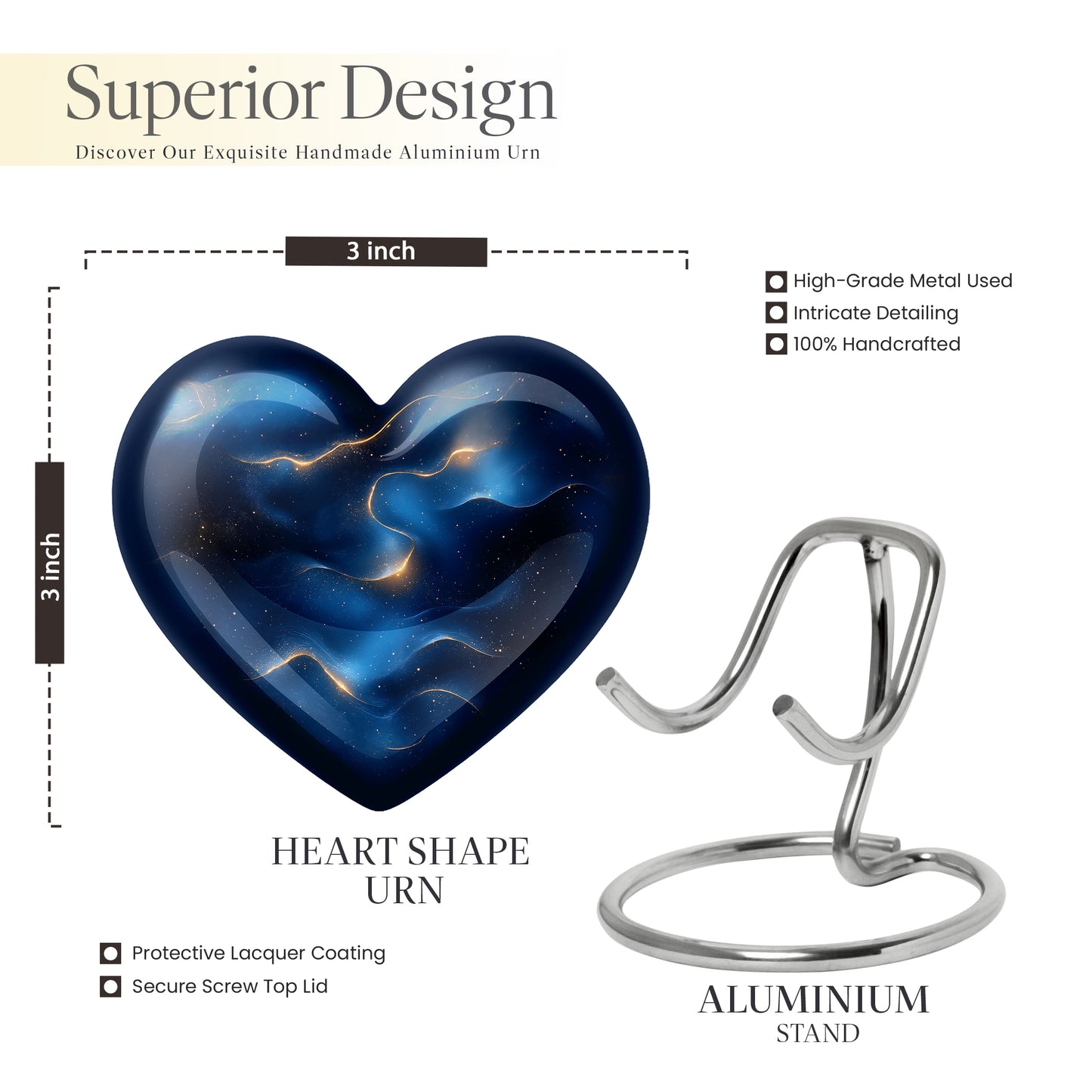 Slate Blue Blue Cremation Urn front view showing detailed design - heart-shaped blue design symbolizing eternal love - mini keepsake memorial for portion of cremation ashes