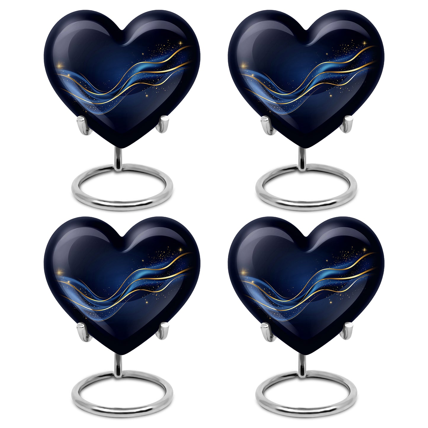 Obsidian Black Blue Cremation Urn angled view of lid and engraved motif - compassionate heart-blue combination with gentle curves - 10 inch aluminum urn for cremated remains