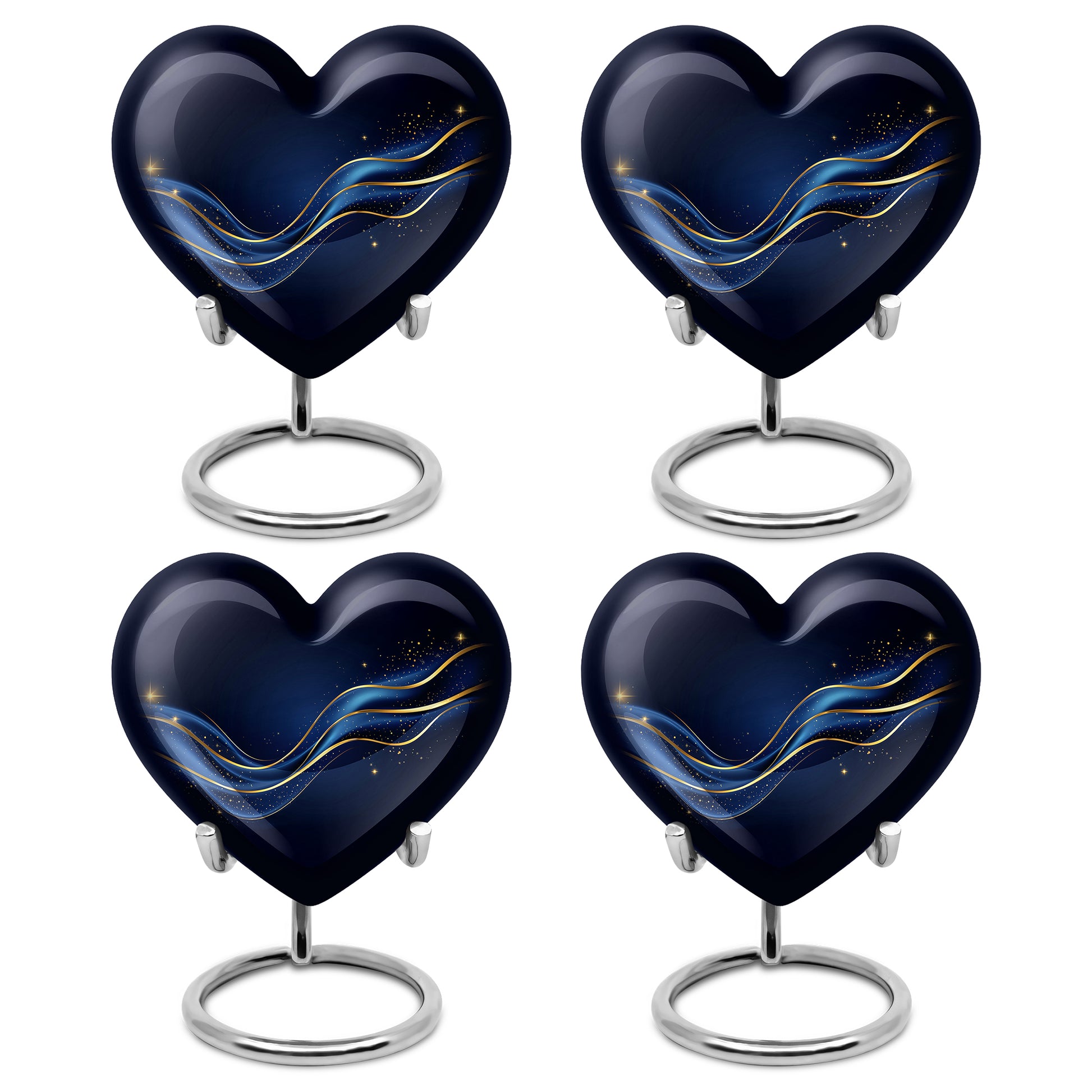 Obsidian Black Blue Cremation Urn angled view of lid and engraved motif - compassionate heart-blue combination with gentle curves - 10 inch aluminum urn for cremated remains