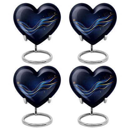 Obsidian Black Blue Cremation Urn angled view of lid and engraved motif - compassionate heart-blue combination with gentle curves - 10 inch aluminum urn for cremated remains