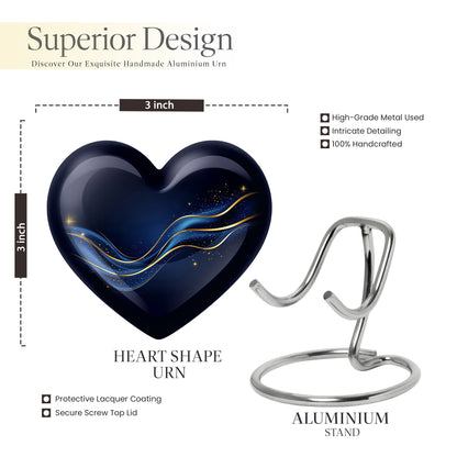 Rich Black Blue Cremation Urn front view showing detailed design - heart-shaped blue design symbolizing eternal love - mini keepsake memorial for portion of cremation ashes