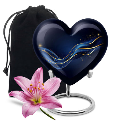Deep Black Blue Cremation Urn detail view - loving heart memorial featuring blue pattern - full-size 10 inch 200 cubic inch adult cremation urn