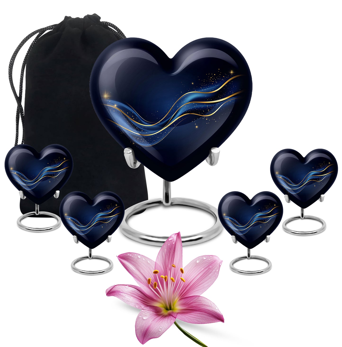 Deep Black Blue Cremation Urn close-up of engraving and surface detail - heart-shaped blue design symbolizing eternal love - memorial set with one large and four small urns
