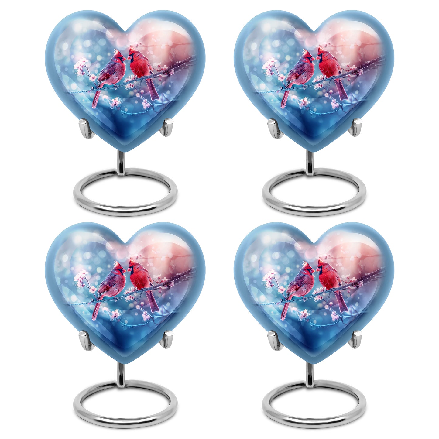 Wine Red Cardinal Cremation Urn angled view of lid and engraved motif - heart-shaped cardinal design symbolizing eternal love - 10 inch aluminum urn for cremated remains