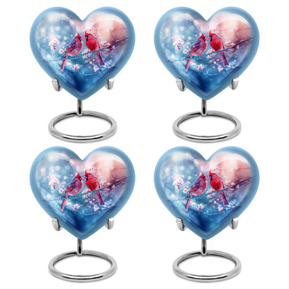 Wine Red Cardinal Cremation Urn angled view of lid and engraved motif - heart-shaped cardinal design symbolizing eternal love - 10 inch aluminum urn for cremated remains