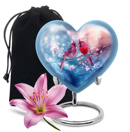 Rich Red Cardinal Cremation Urn detail view - romantic heart urn with cardinal motif on aluminum - full-size 10 inch 200 cubic inch adult cremation urn