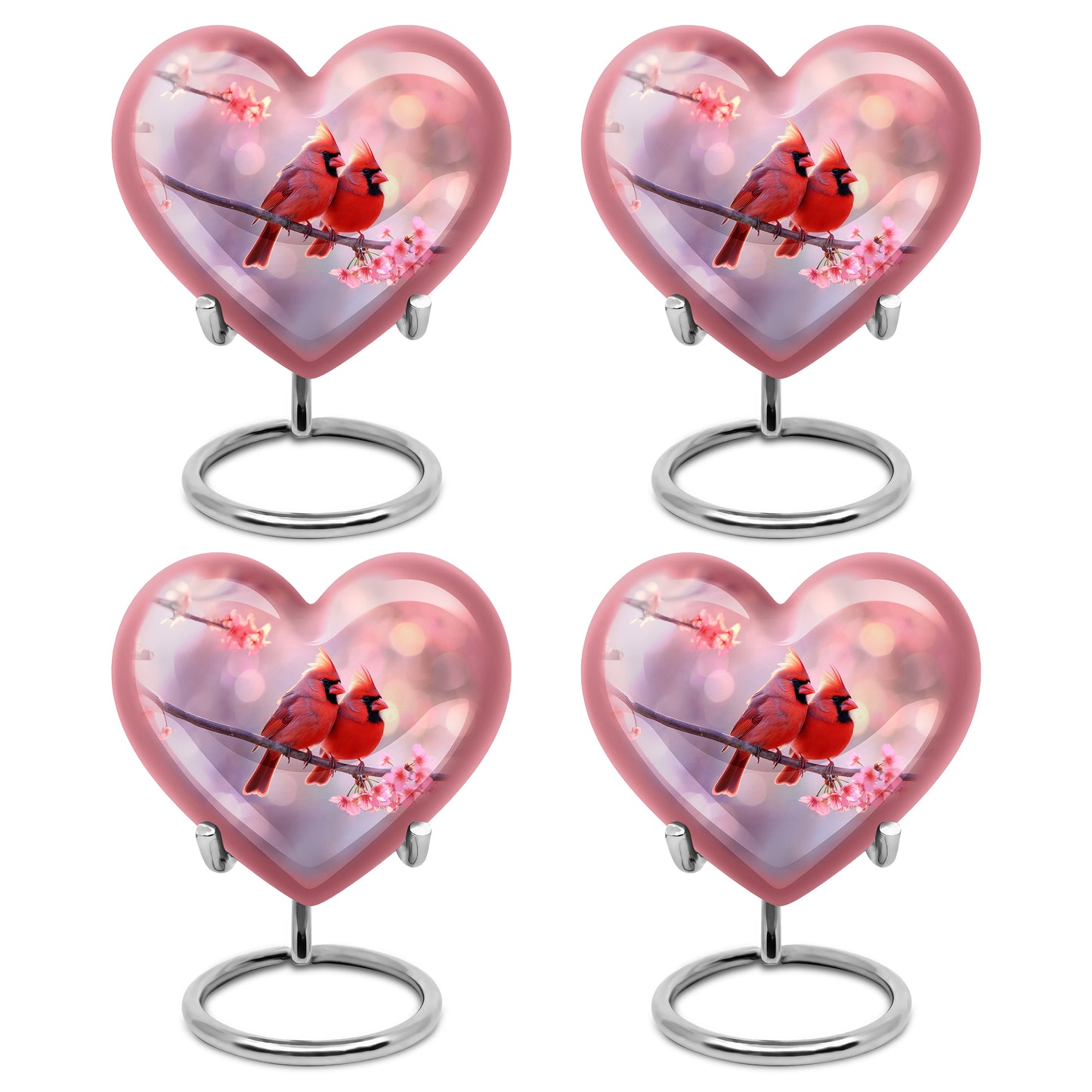 Burgundy Red Cardinal Cremation Urn angled view of lid and engraved motif - heart-shaped cardinal design symbolizing eternal love - 10 inch aluminum urn for cremated remains
