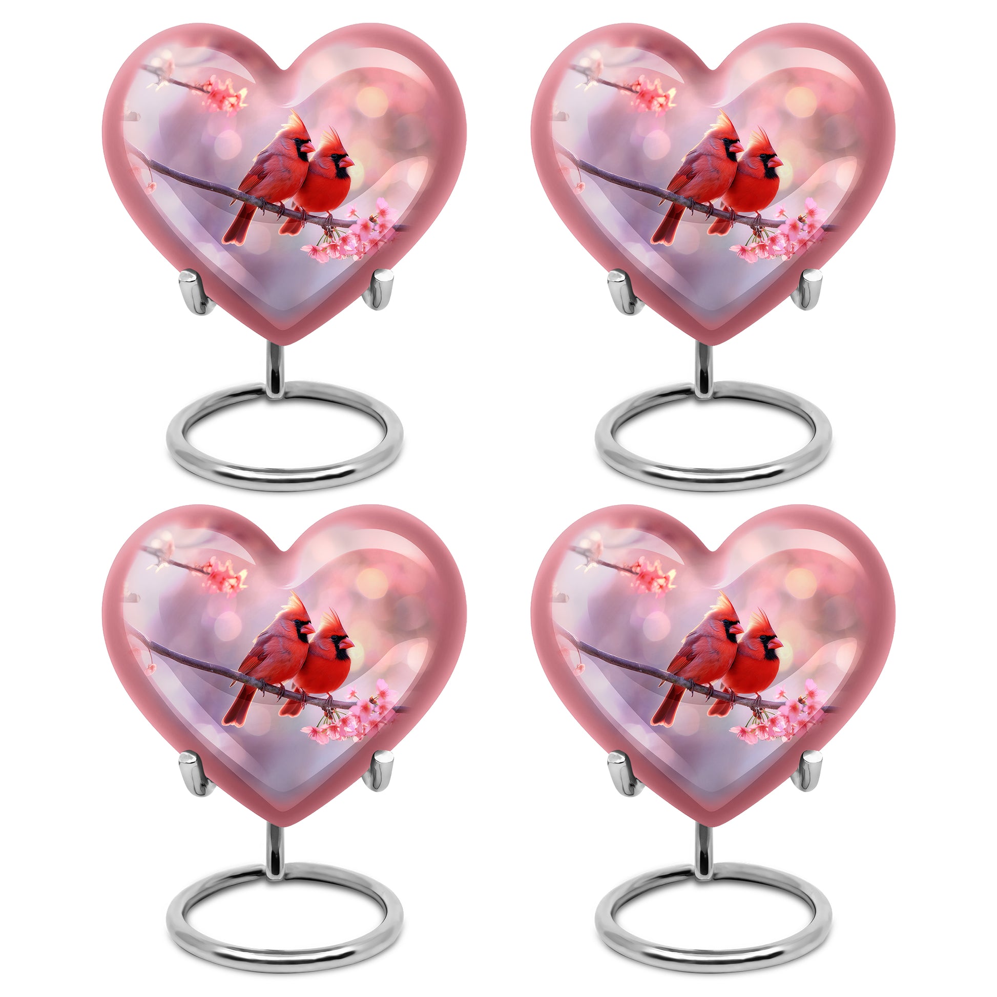 Burgundy Red Cardinal Cremation Urn angled view of lid and engraved motif - heart-shaped cardinal design symbolizing eternal love - 10 inch aluminum urn for cremated remains