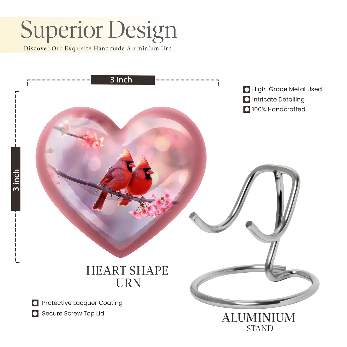 Garnet Red Cardinal Cremation Urn front view showing detailed design - loving heart memorial featuring cardinal pattern - mini keepsake memorial for portion of cremation ashes