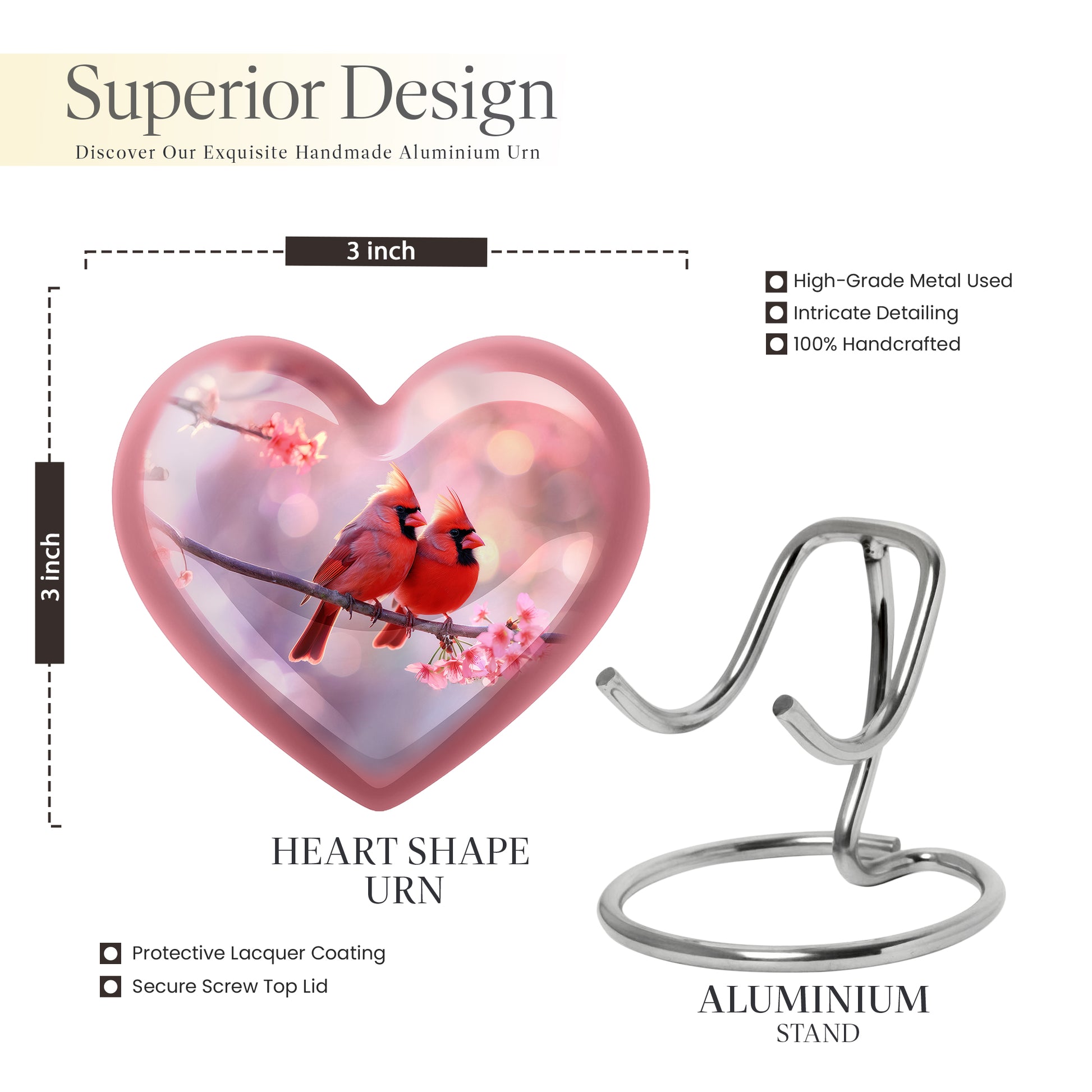 Garnet Red Cardinal Cremation Urn front view showing detailed design - loving heart memorial featuring cardinal pattern - mini keepsake memorial for portion of cremation ashes