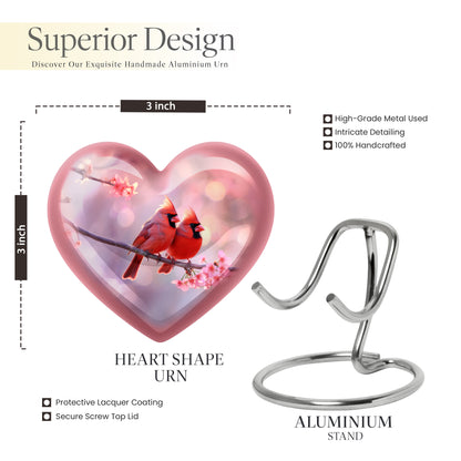 Garnet Red Cardinal Cremation Urn front view showing detailed design - loving heart memorial featuring cardinal pattern - mini keepsake memorial for portion of cremation ashes