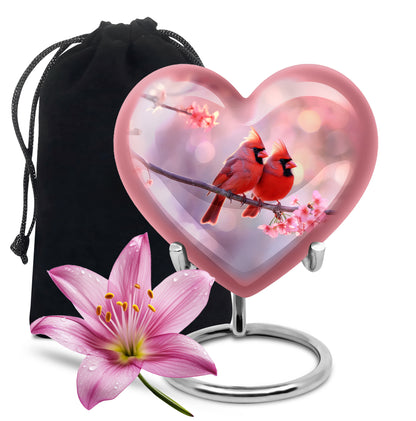 Scarlet Red Cardinal Cremation Urn detail view - compassionate heart-cardinal combination with gentle curves - full-size 10 inch 200 cubic inch adult cremation urn