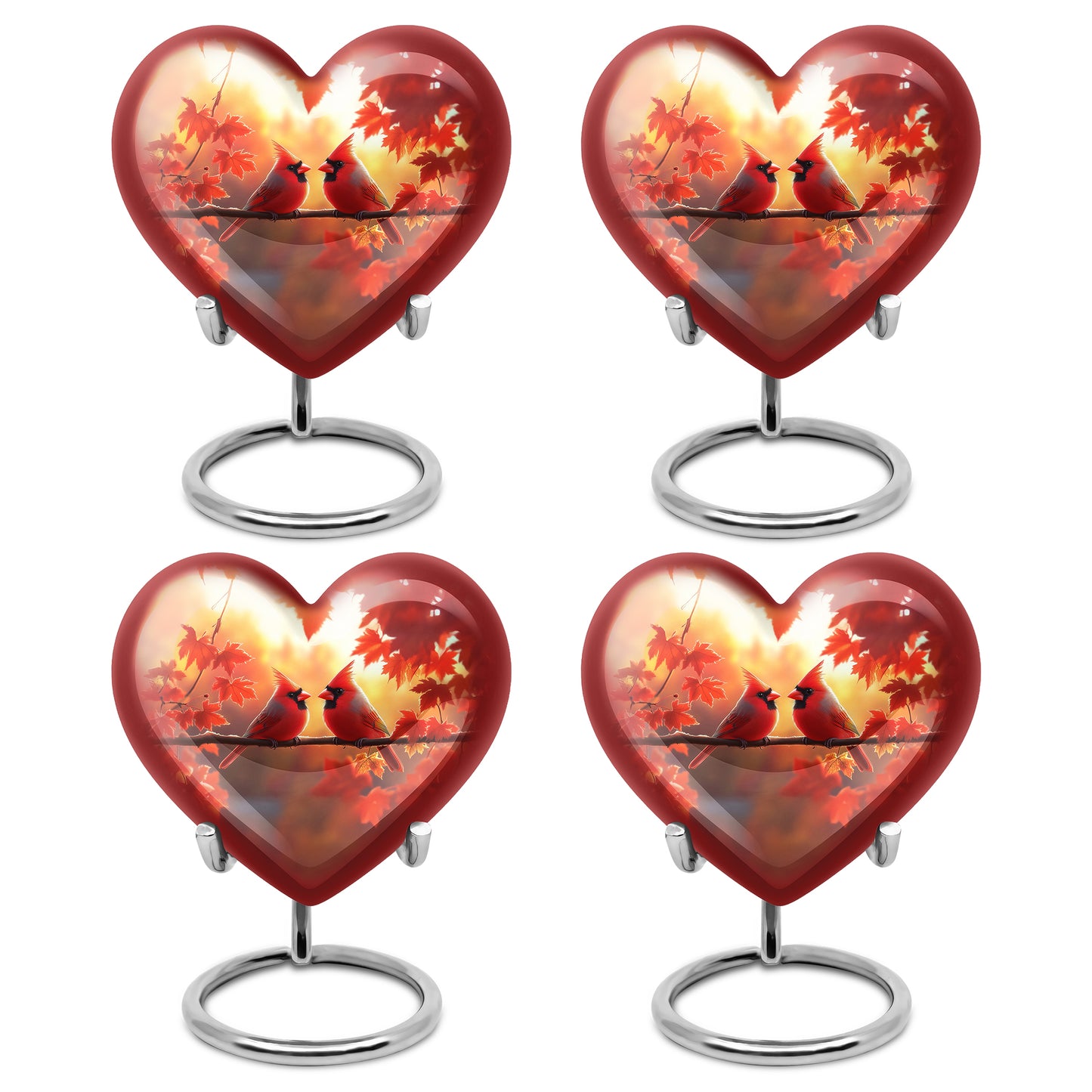 Burnished Gold Cardinal Cremation Urn angled view of lid and engraved motif - romantic heart urn with cardinal motif on aluminum - 10 inch aluminum urn for cremated remains