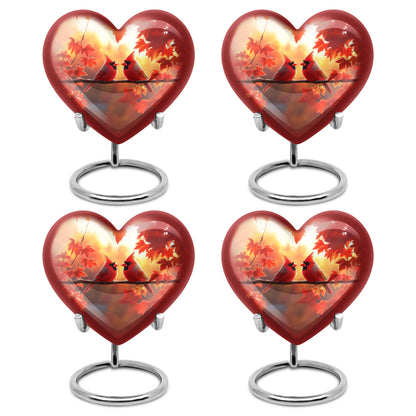 Burnished Gold Cardinal Cremation Urn angled view of lid and engraved motif - romantic heart urn with cardinal motif on aluminum - 10 inch aluminum urn for cremated remains