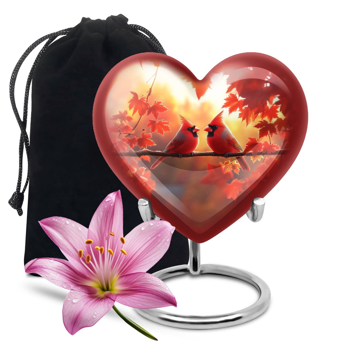 Sunrise Gold Cardinal Cremation Urn detail view - heart-shaped cardinal design symbolizing eternal love - full-size 10 inch 200 cubic inch adult cremation urn
