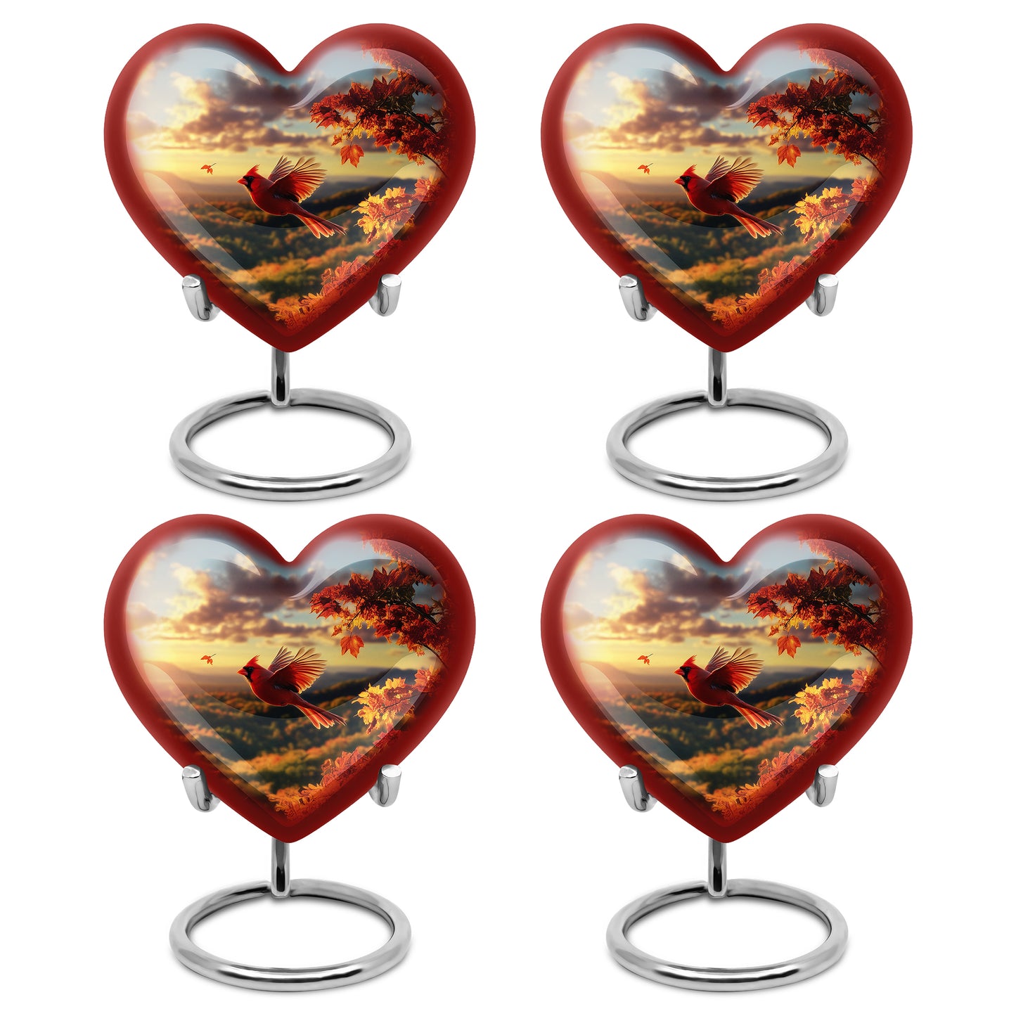 Matte Gold Cardinal Cremation Urn angled view of lid and engraved motif - compassionate heart-cardinal combination with gentle curves - 10 inch aluminum urn for cremated remains