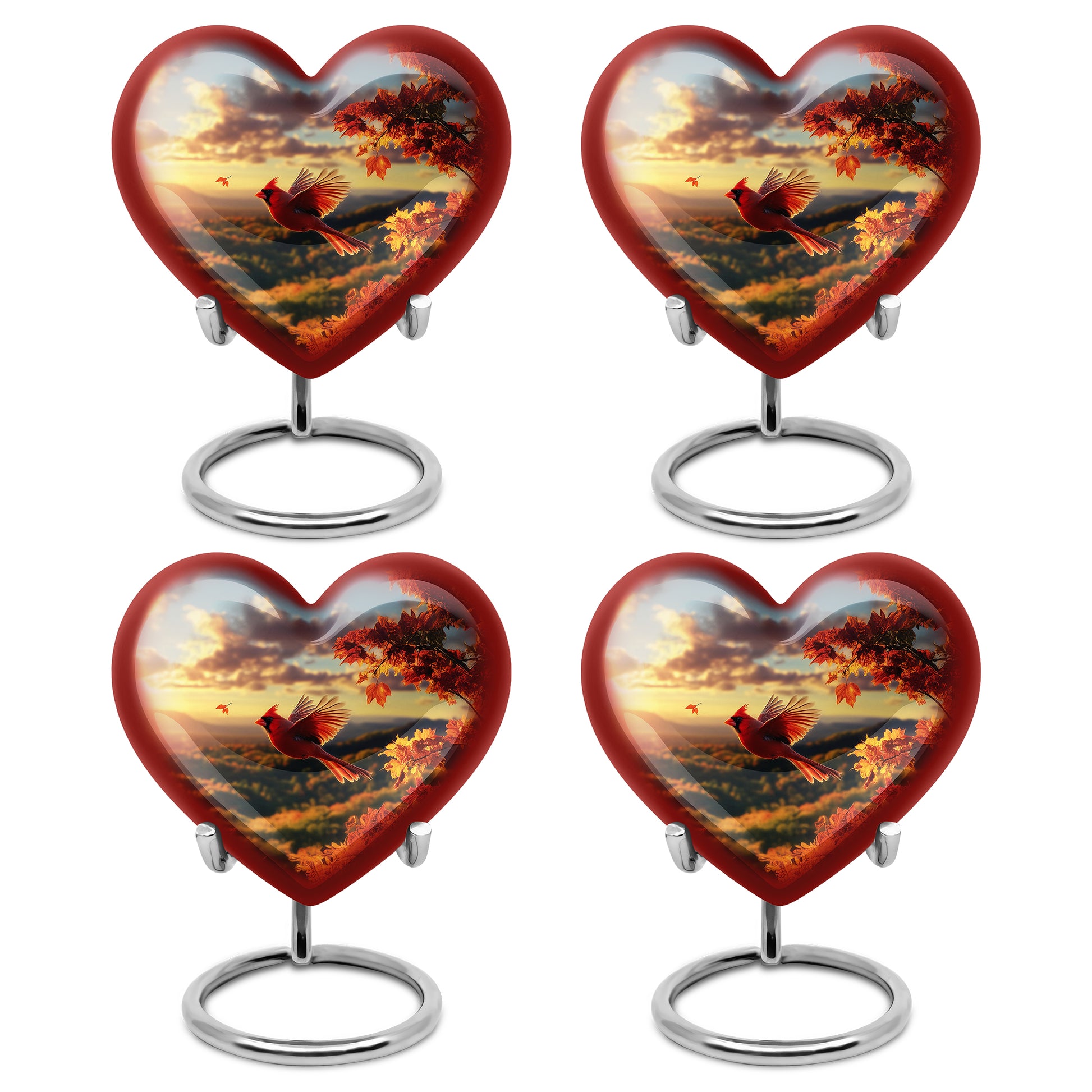 Matte Gold Cardinal Cremation Urn angled view of lid and engraved motif - compassionate heart-cardinal combination with gentle curves - 10 inch aluminum urn for cremated remains