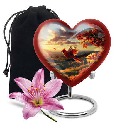 Sunrise Gold Cardinal Cremation Urn detail view - loving heart memorial featuring cardinal pattern - full-size 10 inch 200 cubic inch adult cremation urn