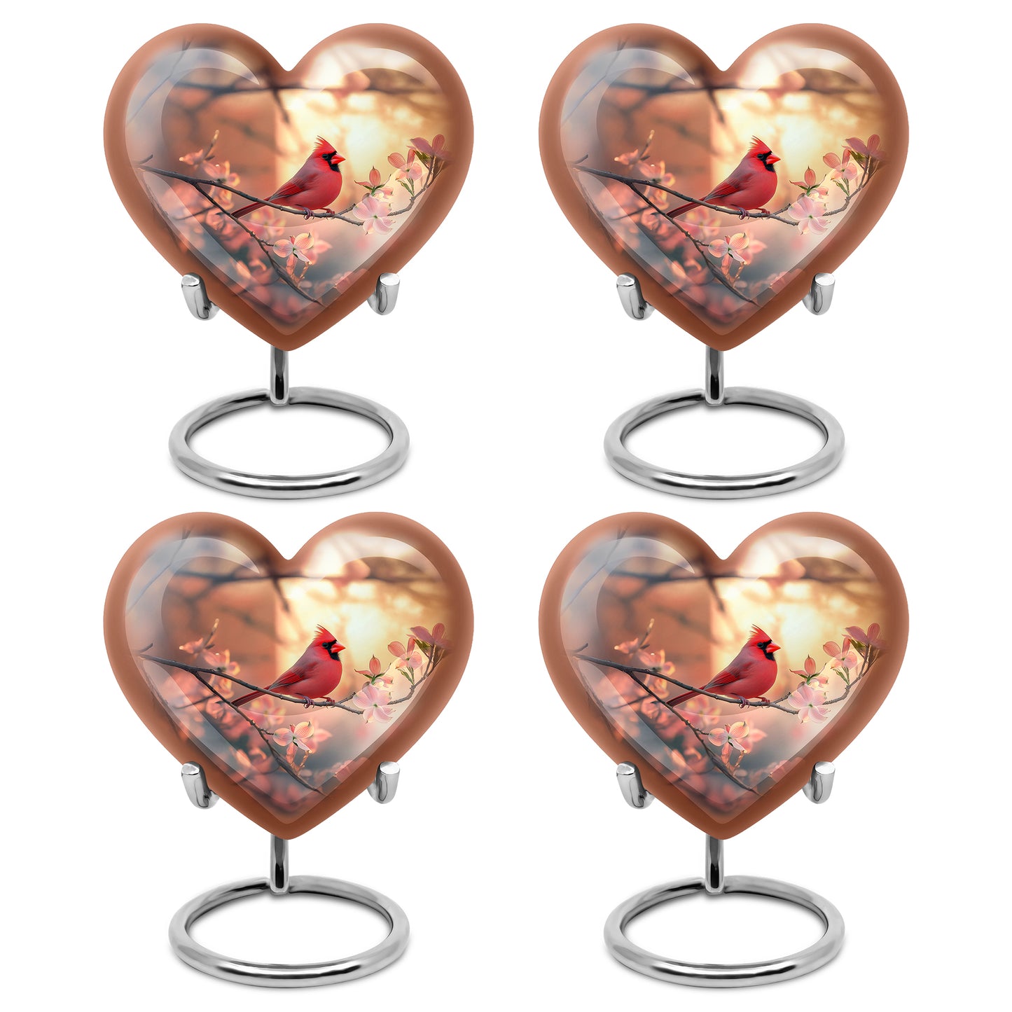 Amber Gold Cardinal Cremation Urn angled view of lid and engraved motif - loving heart memorial featuring cardinal pattern - 10 inch aluminum urn for cremated remains