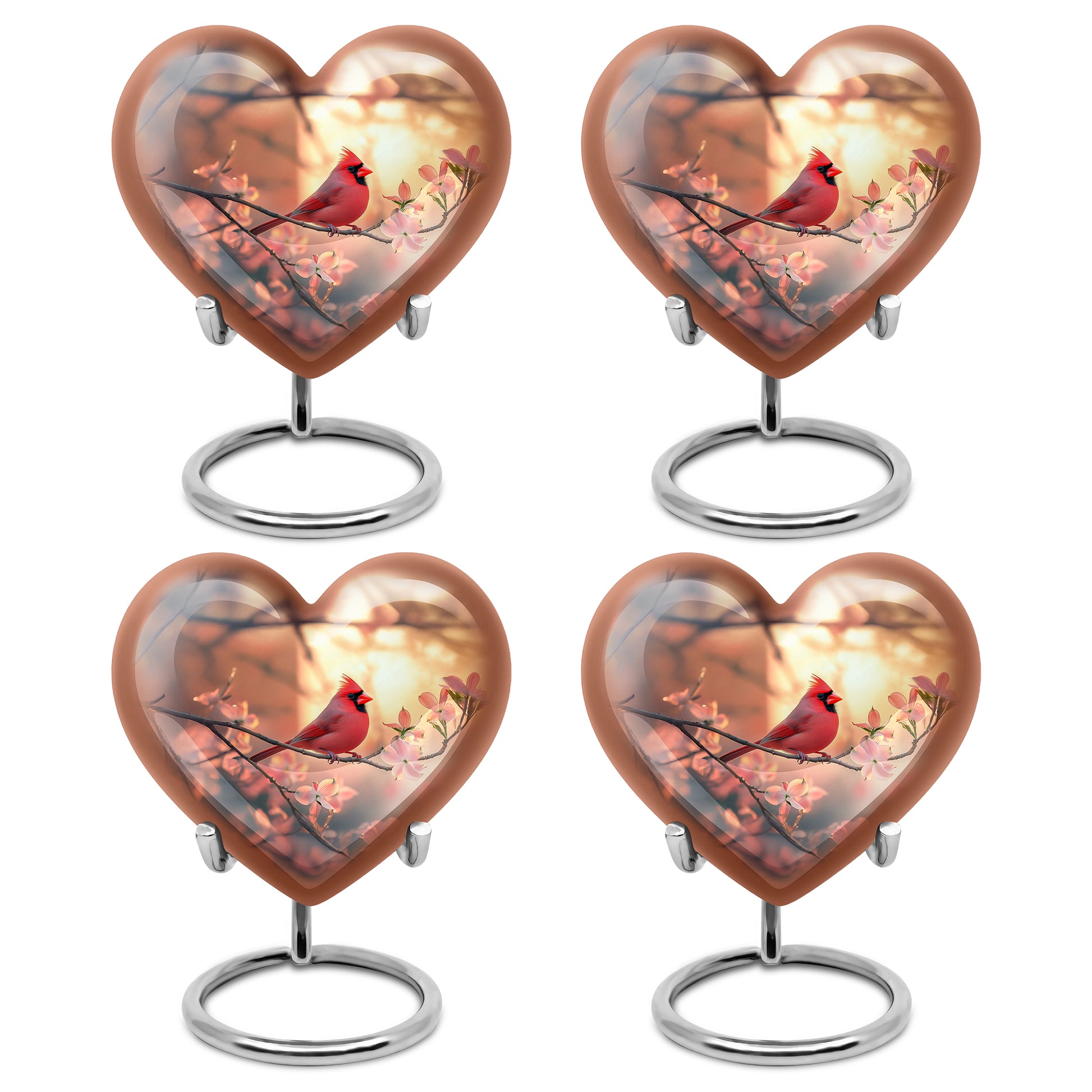 Amber Gold Cardinal Cremation Urn angled view of lid and engraved motif - loving heart memorial featuring cardinal pattern - 10 inch aluminum urn for cremated remains