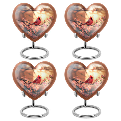 Amber Gold Cardinal Cremation Urn angled view of lid and engraved motif - loving heart memorial featuring cardinal pattern - 10 inch aluminum urn for cremated remains