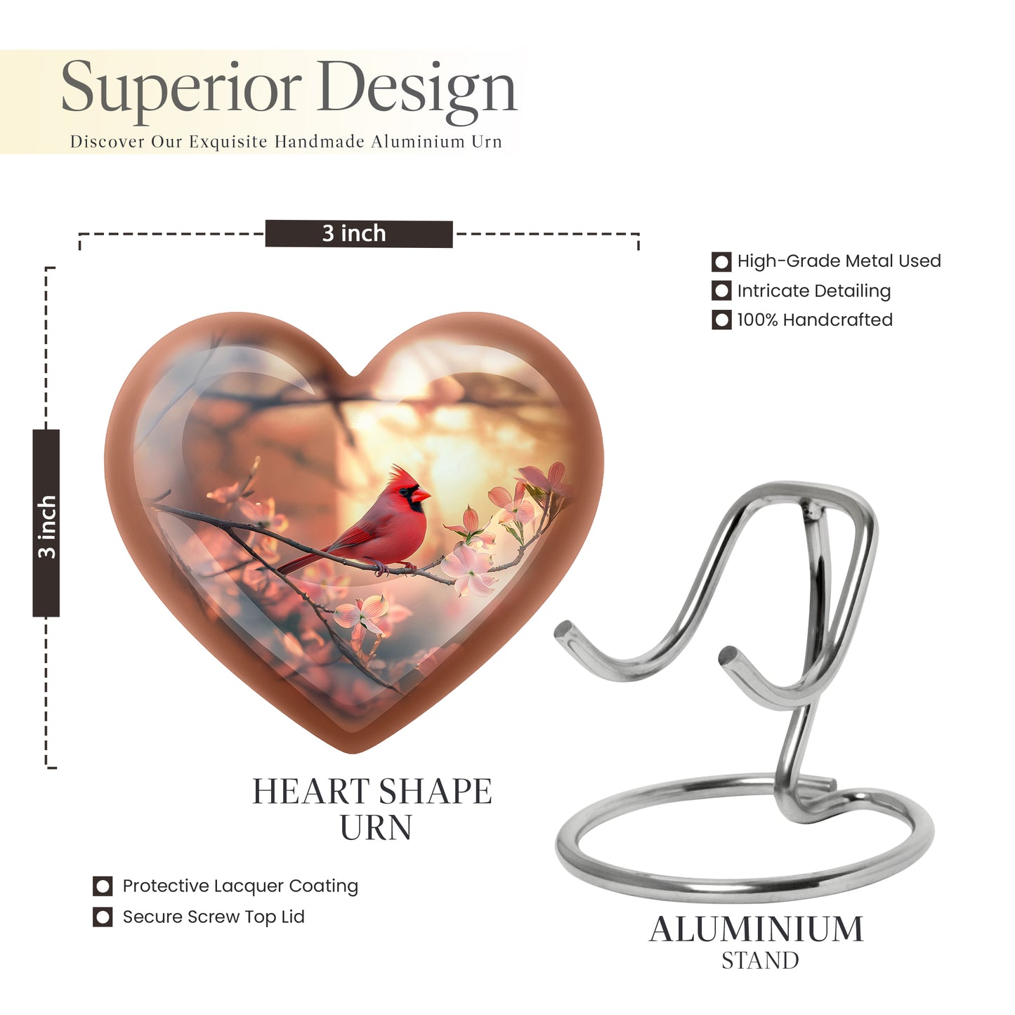 Antique Gold Cardinal Cremation Urn front view showing detailed design - heart-shaped cardinal design symbolizing eternal love - mini keepsake memorial for portion of cremation ashes