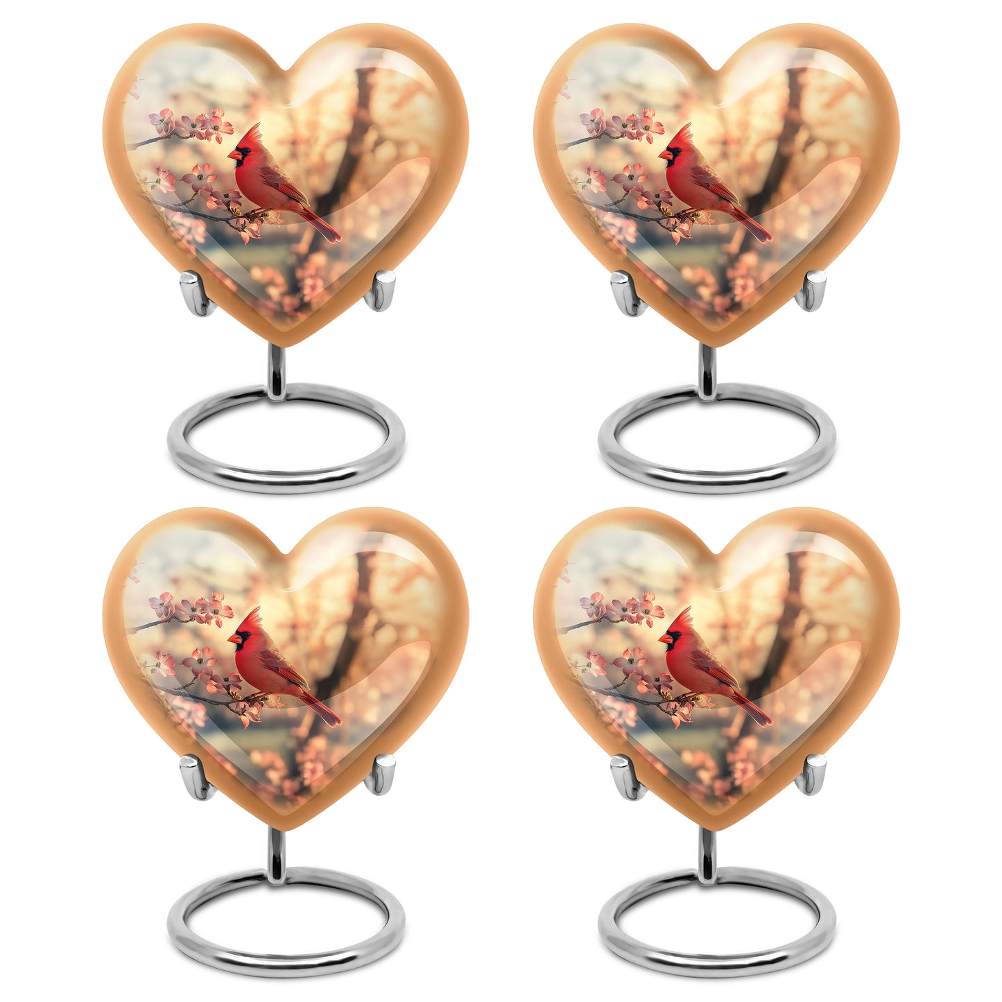 Warm Gold Cardinal Cremation Urn angled view of lid and engraved motif - compassionate heart-cardinal combination with gentle curves - 10 inch aluminum urn for cremated remains