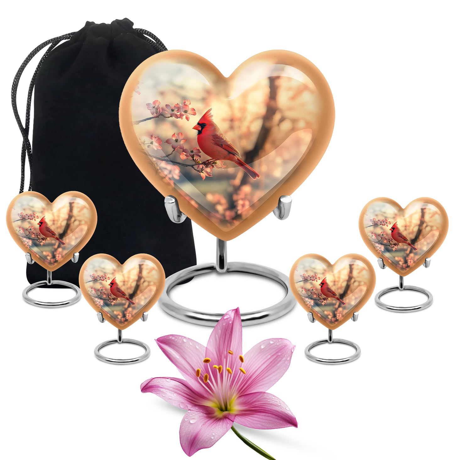 Sunrise Gold Cardinal Cremation Urn close-up of engraving and surface detail - heart-shaped cardinal design symbolizing eternal love - memorial set with one large and four small urns