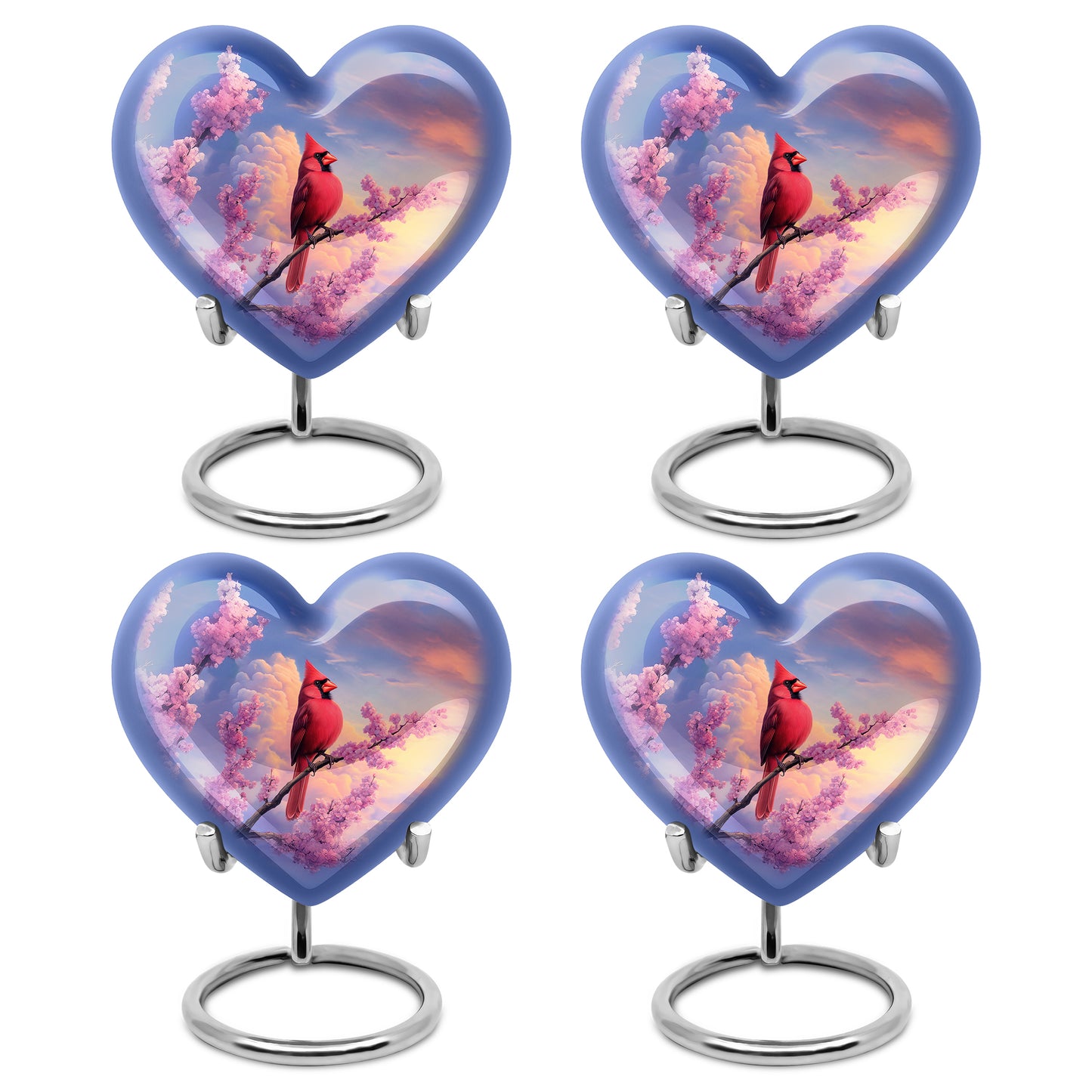 Misty Blue Cardinal Cremation Urn angled view of lid and engraved motif - loving heart memorial featuring cardinal pattern - 10 inch aluminum urn for cremated remains