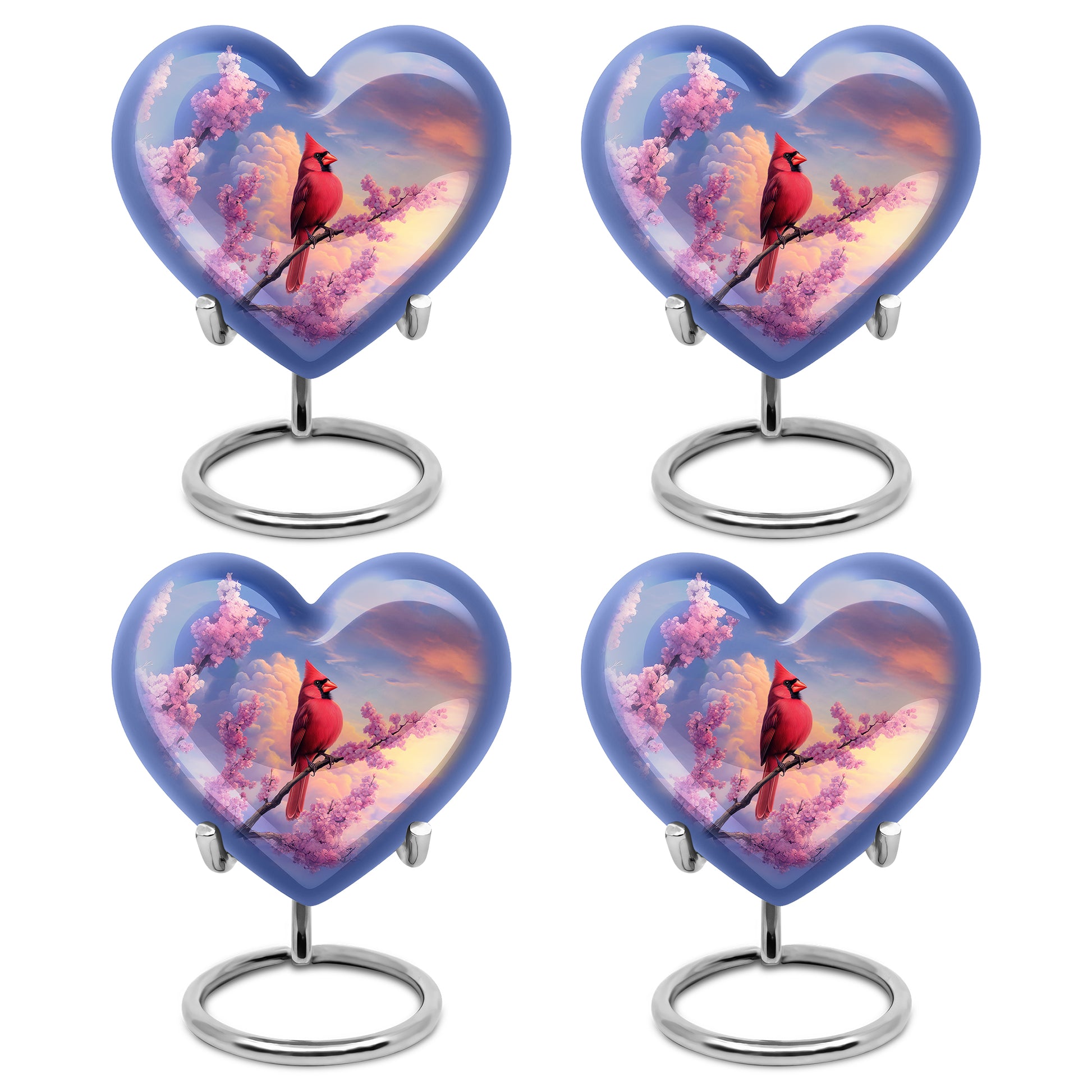 Misty Blue Cardinal Cremation Urn angled view of lid and engraved motif - loving heart memorial featuring cardinal pattern - 10 inch aluminum urn for cremated remains