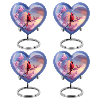 Misty Blue Cardinal Cremation Urn angled view of lid and engraved motif - loving heart memorial featuring cardinal pattern - 10 inch aluminum urn for cremated remains