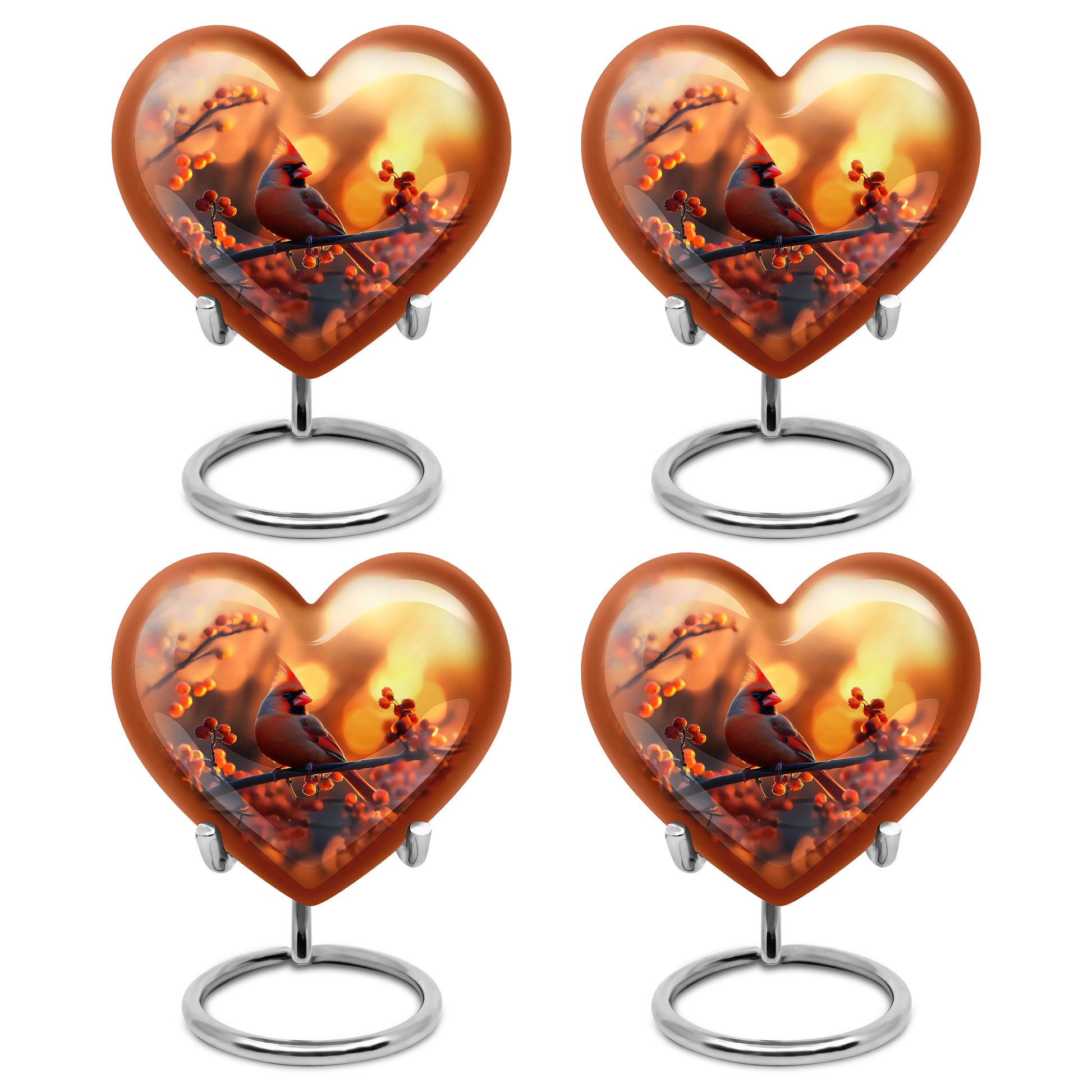 Amber Gold Cardinal Cremation Urn angled view of lid and engraved motif - heart-shaped cardinal design symbolizing eternal love - 10 inch aluminum urn for cremated remains