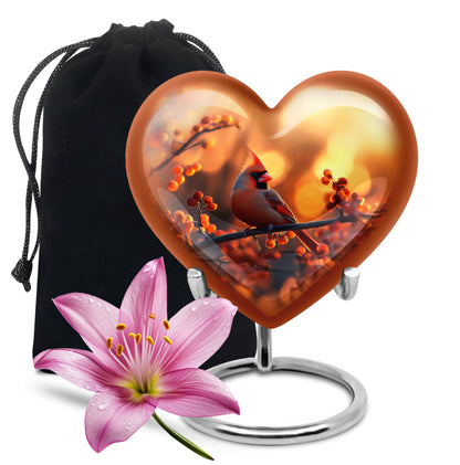 Burnished Gold Cardinal Cremation Urn detail view - compassionate heart-cardinal combination with gentle curves - full-size 10 inch 200 cubic inch adult cremation urn