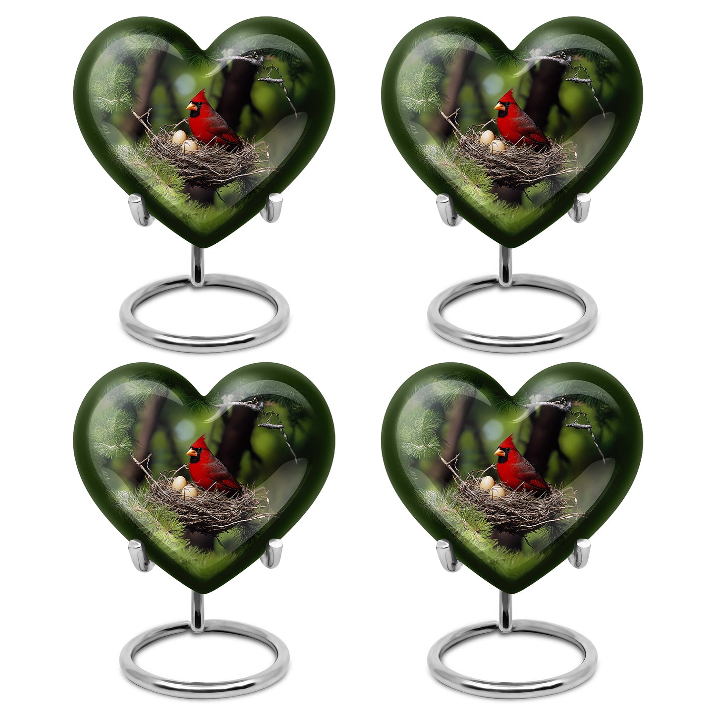 Forest Green Cardinal Cremation Urn angled view of lid and engraved motif - romantic heart urn with cardinal motif on aluminum - 10 inch aluminum urn for cremated remains