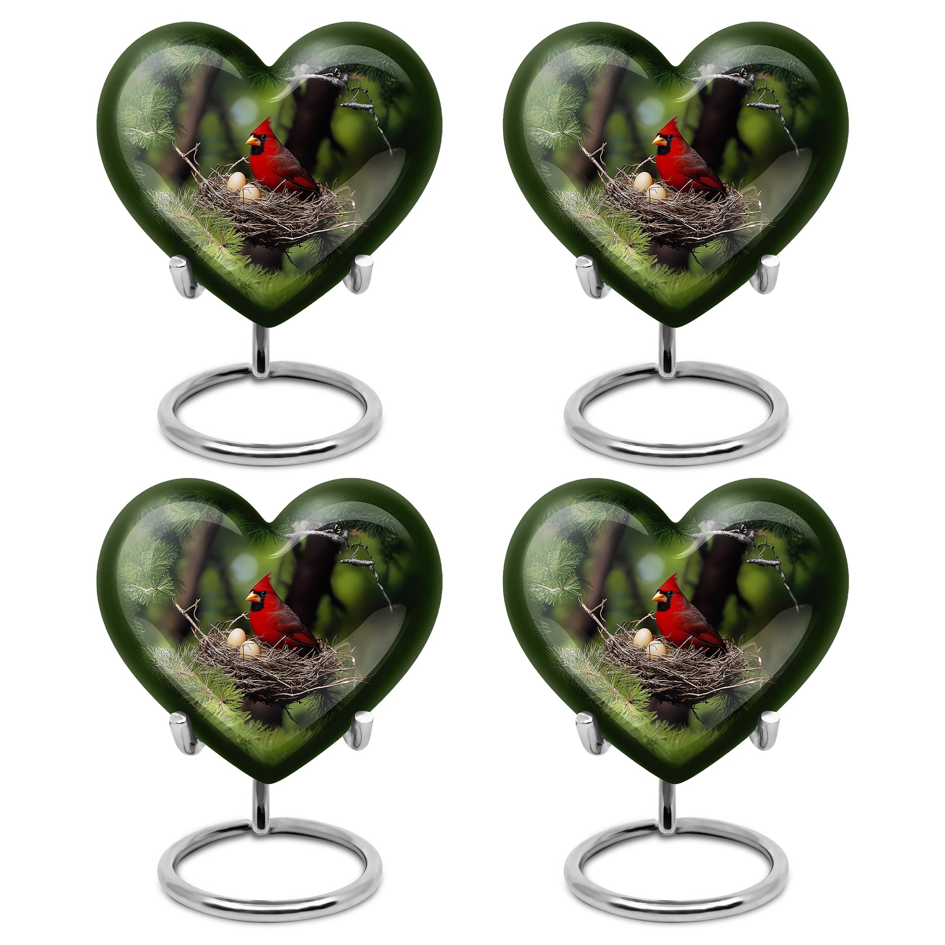 Forest Green Cardinal Cremation Urn angled view of lid and engraved motif - romantic heart urn with cardinal motif on aluminum - 10 inch aluminum urn for cremated remains