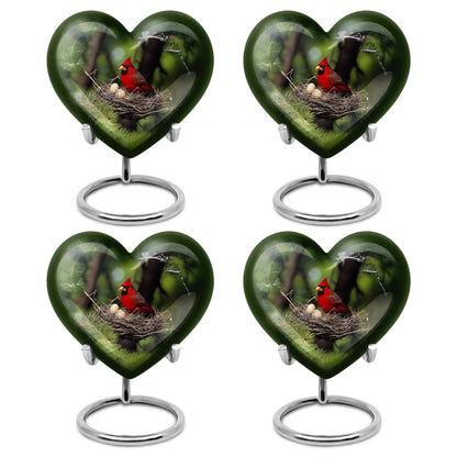 Forest Green Cardinal Cremation Urn angled view of lid and engraved motif - romantic heart urn with cardinal motif on aluminum - 10 inch aluminum urn for cremated remains