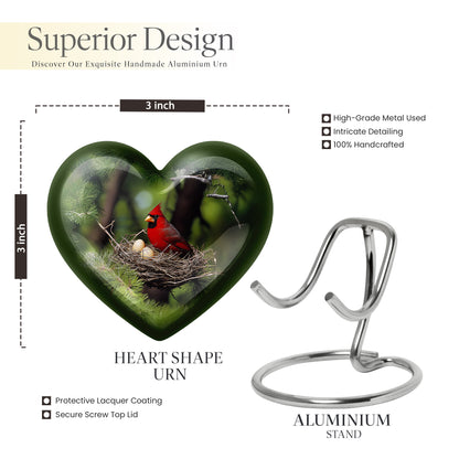 Olive Green Cardinal Cremation Urn front view showing detailed design - compassionate heart-cardinal combination with gentle curves - mini keepsake memorial for portion of cremation ashes