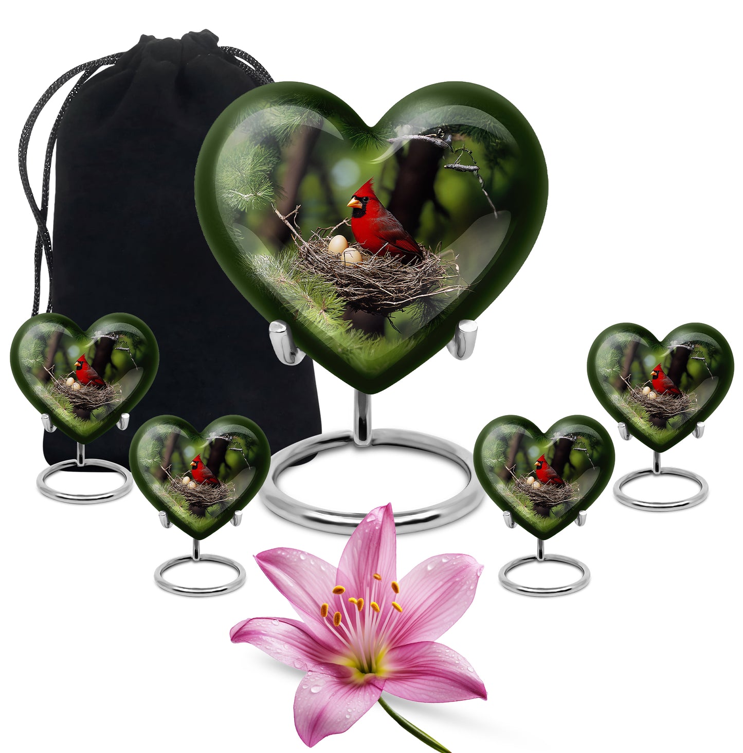 Sage Green Cardinal Cremation Urn close-up of engraving and surface detail - heart-shaped cardinal design symbolizing eternal love - memorial set with one large and four small urns