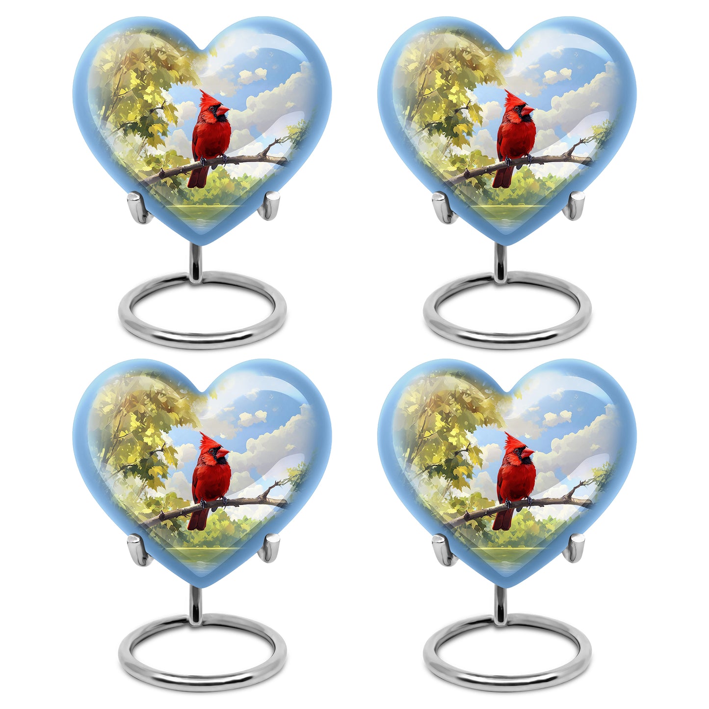 Bright Blue Cardinal Cremation Urn angled view of lid and engraved motif - romantic heart urn with cardinal motif on aluminum - 10 inch aluminum urn for cremated remains