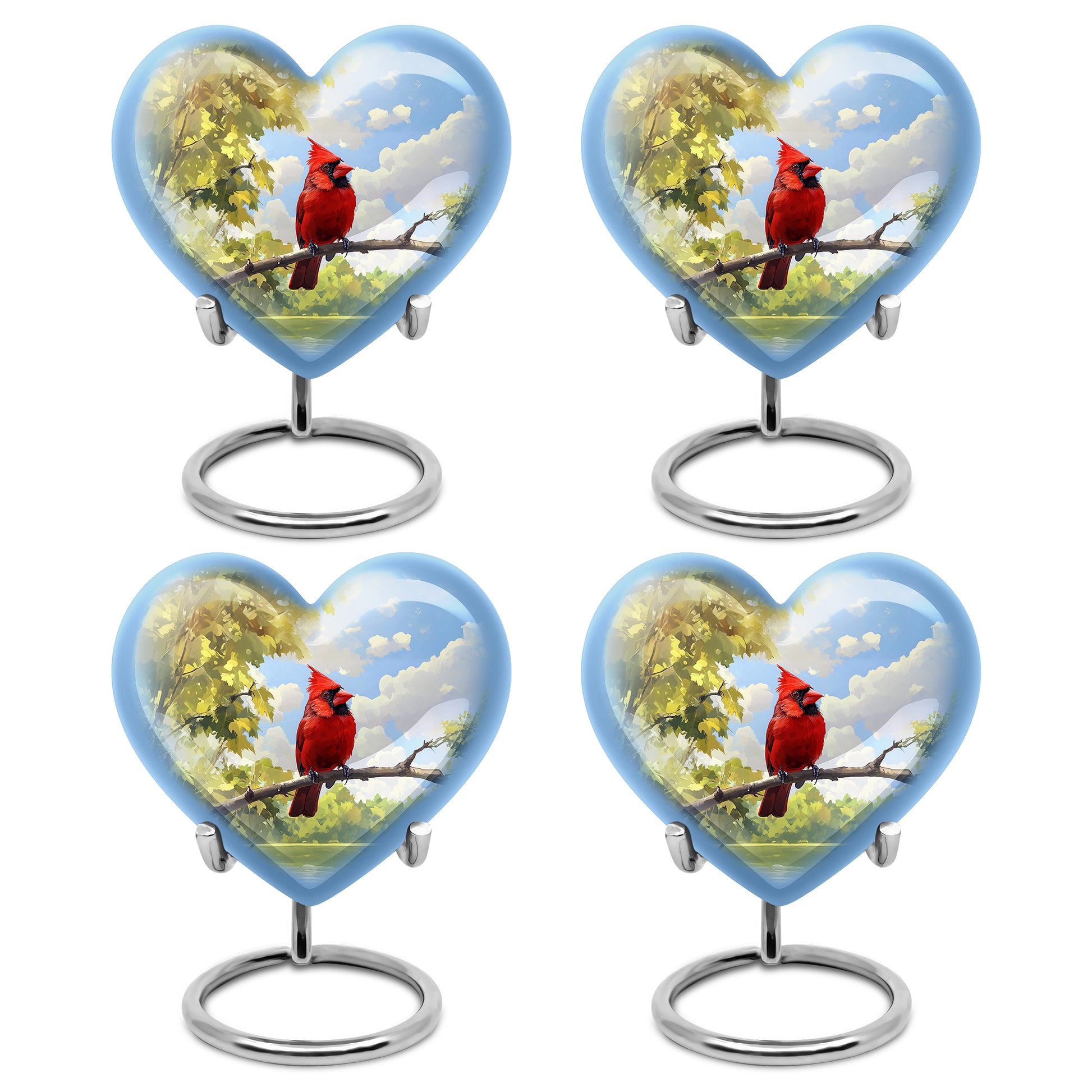 Bright Blue Cardinal Cremation Urn angled view of lid and engraved motif - romantic heart urn with cardinal motif on aluminum - 10 inch aluminum urn for cremated remains