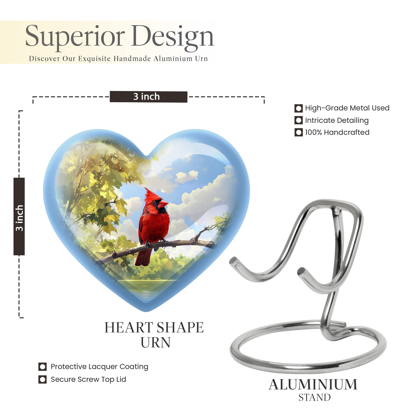 Indigo Cardinal Cremation Urn front view showing detailed design - heart-shaped cardinal design symbolizing eternal love - mini keepsake memorial for portion of cremation ashes