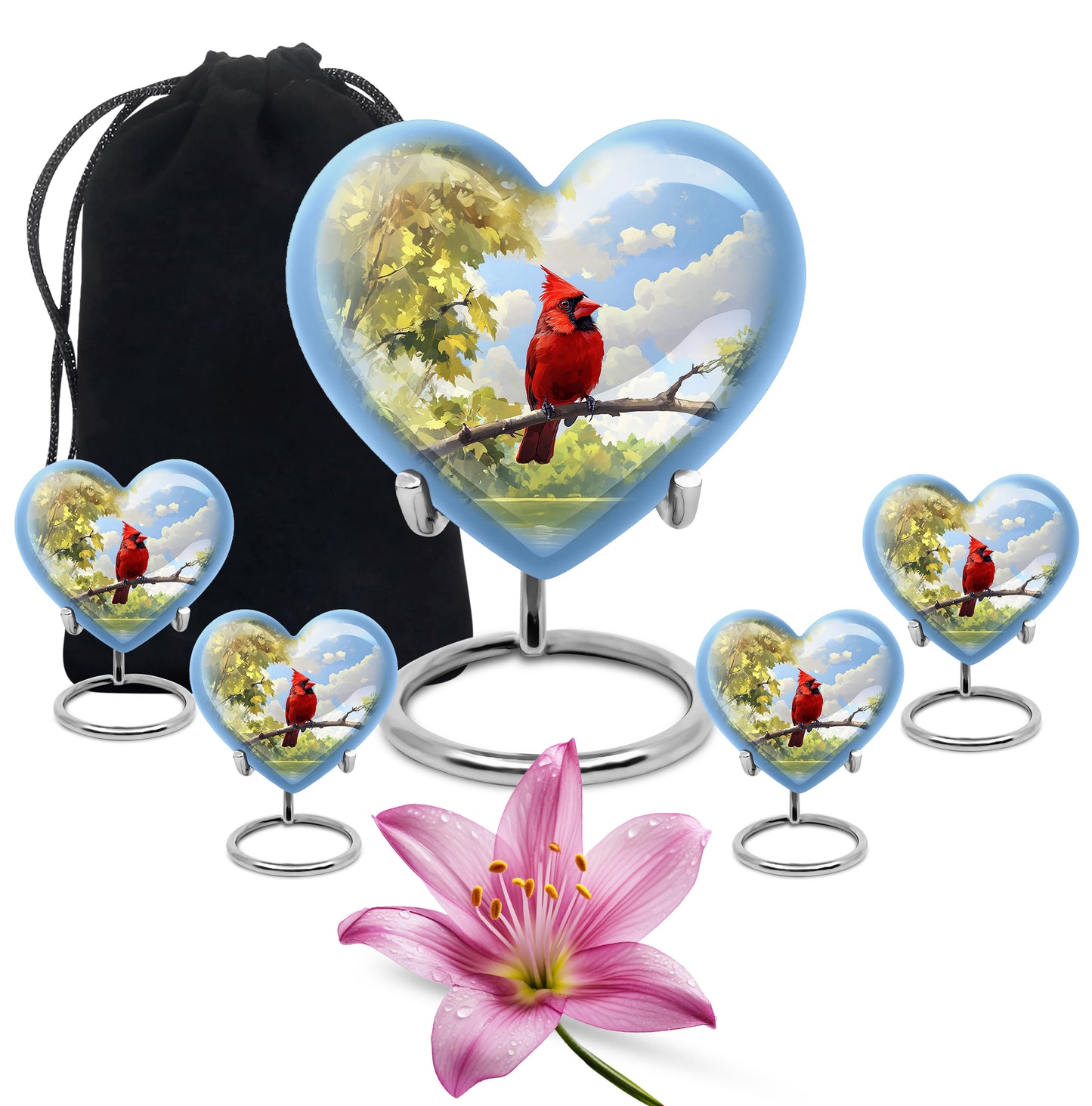 Indigo Cardinal Cremation Urn close-up of engraving and surface detail - heart-shaped cardinal design symbolizing eternal love - memorial set with one large and four small urns