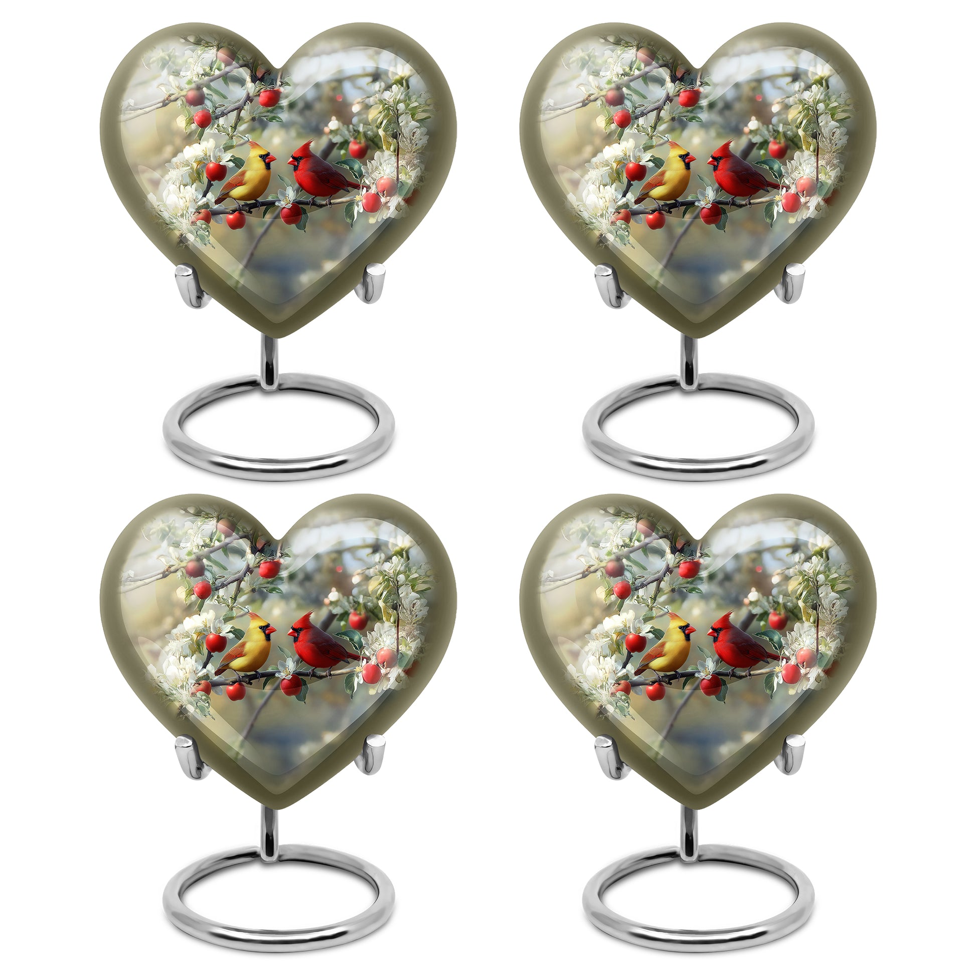 Brushed Silver Cardinal Cremation Urn angled view of lid and engraved motif - heart-shaped cardinal design symbolizing eternal love - 10 inch aluminum urn for cremated remains