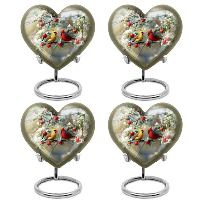 Brushed Silver Cardinal Cremation Urn angled view of lid and engraved motif - heart-shaped cardinal design symbolizing eternal love - 10 inch aluminum urn for cremated remains