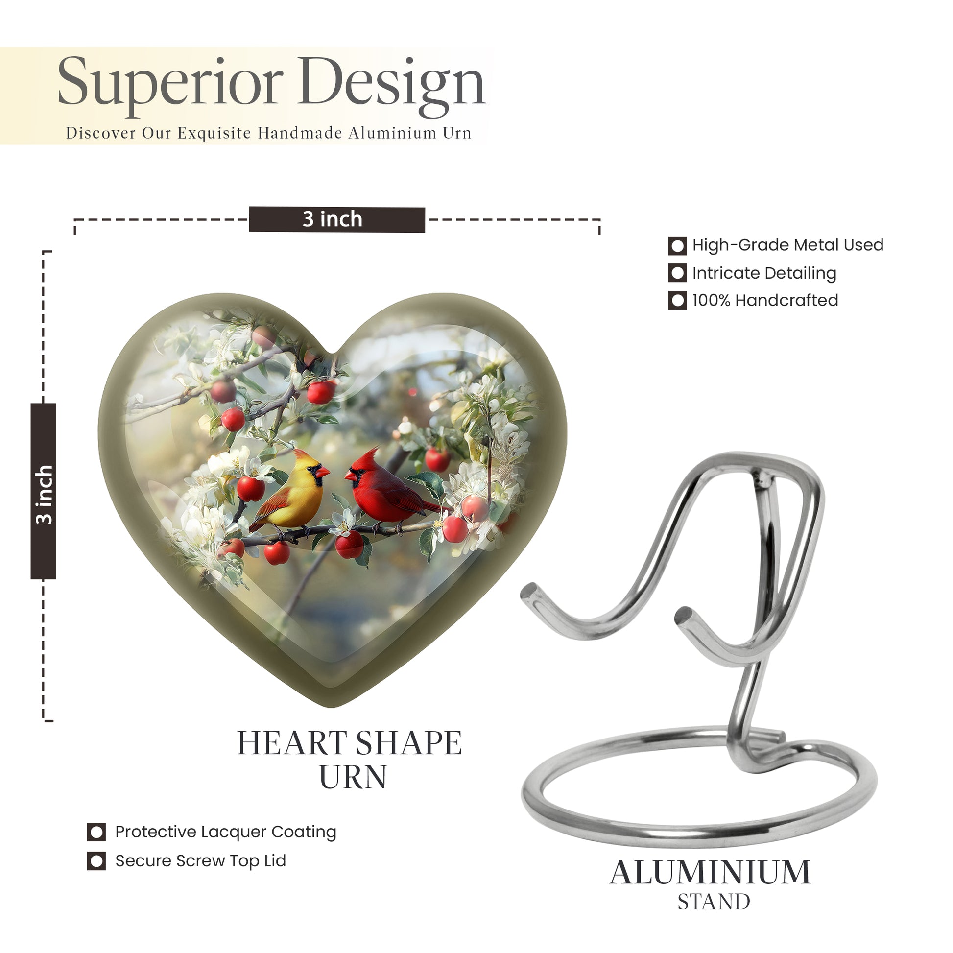 Frosted Silver Cardinal Cremation Urn front view showing detailed design - compassionate heart-cardinal combination with gentle curves - mini keepsake memorial for portion of cremation ashes