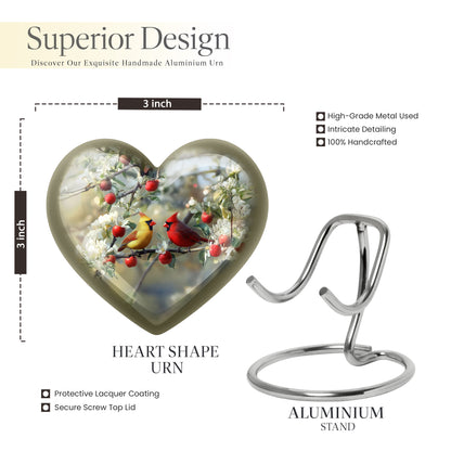 Frosted Silver Cardinal Cremation Urn front view showing detailed design - compassionate heart-cardinal combination with gentle curves - mini keepsake memorial for portion of cremation ashes