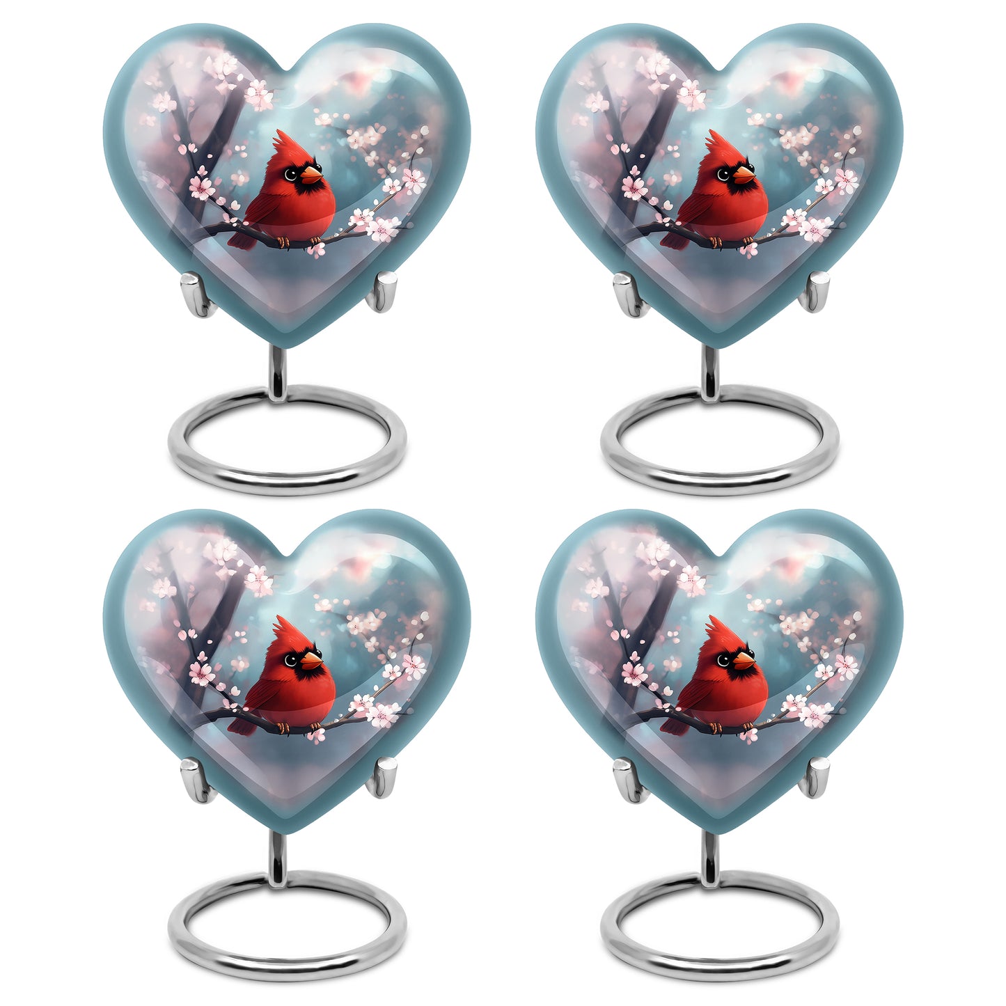 Soft Teal Cardinal Cremation Urn angled view of lid and engraved motif - heart-shaped cardinal design symbolizing eternal love - 10 inch aluminum urn for cremated remains
