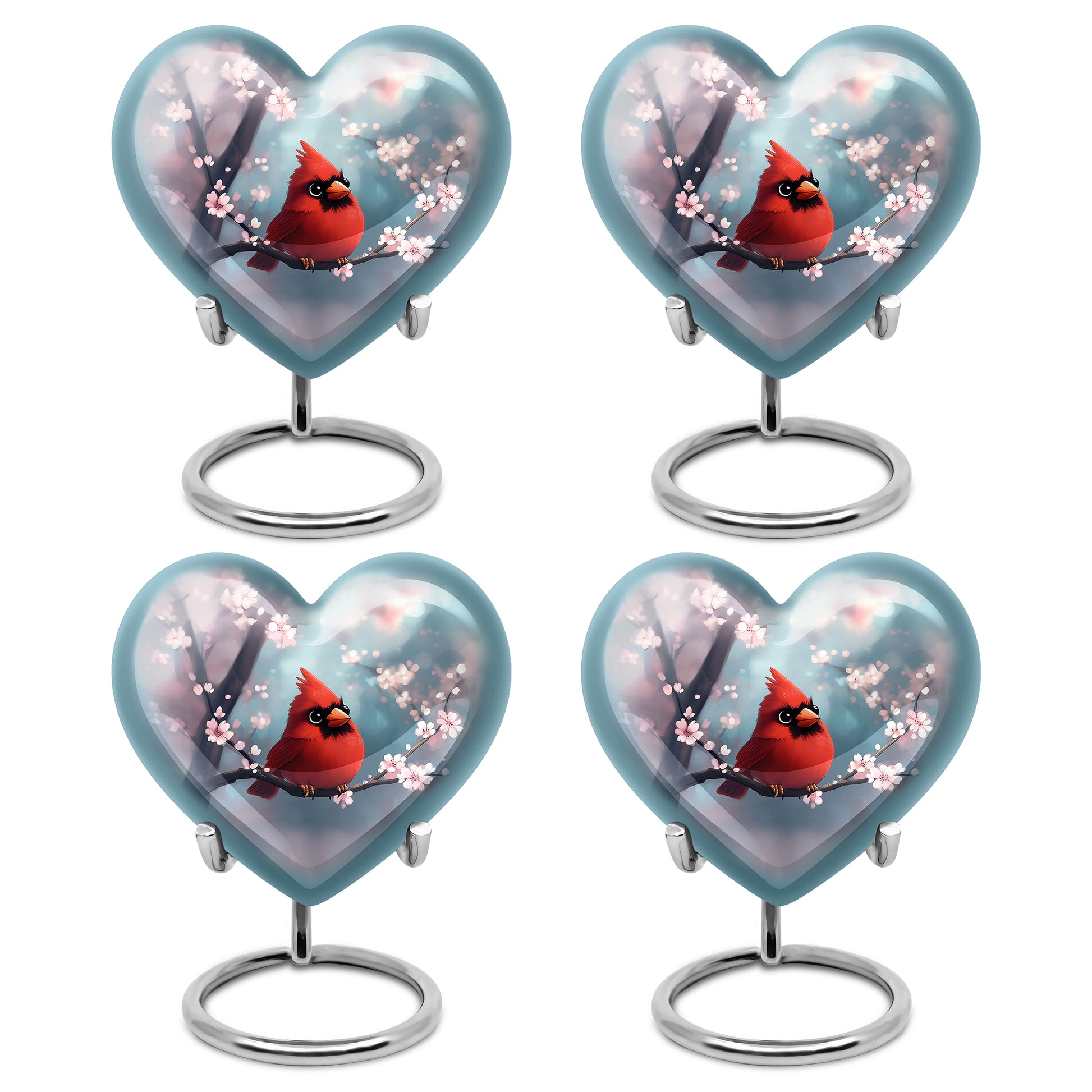 Soft Teal Cardinal Cremation Urn angled view of lid and engraved motif - heart-shaped cardinal design symbolizing eternal love - 10 inch aluminum urn for cremated remains