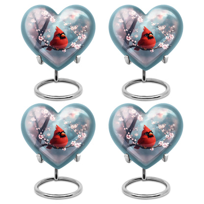 Soft Teal Cardinal Cremation Urn angled view of lid and engraved motif - heart-shaped cardinal design symbolizing eternal love - 10 inch aluminum urn for cremated remains